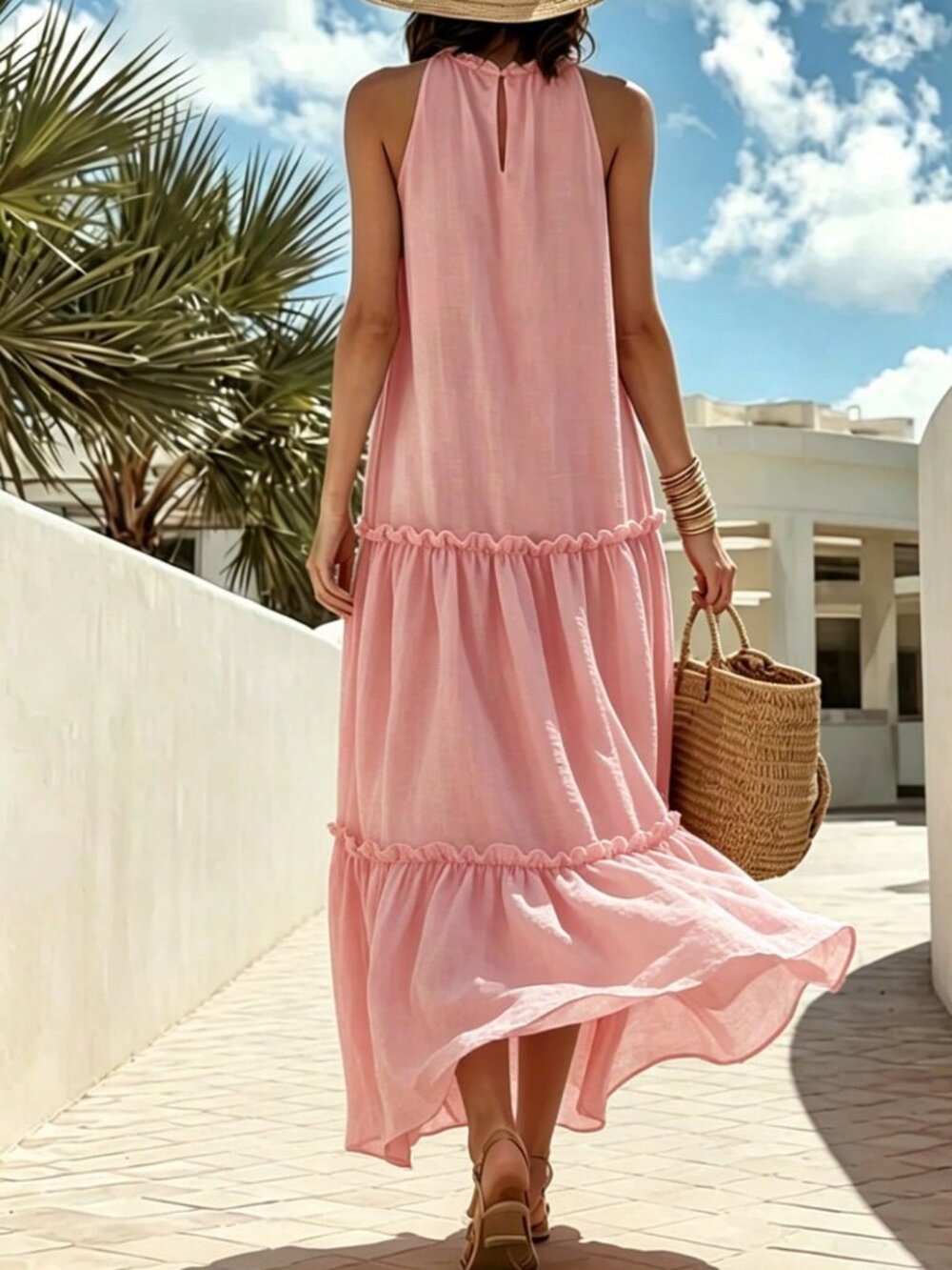 Pink Boho Women's Layered Ruffle Halter Dress - Picture 2 of 3